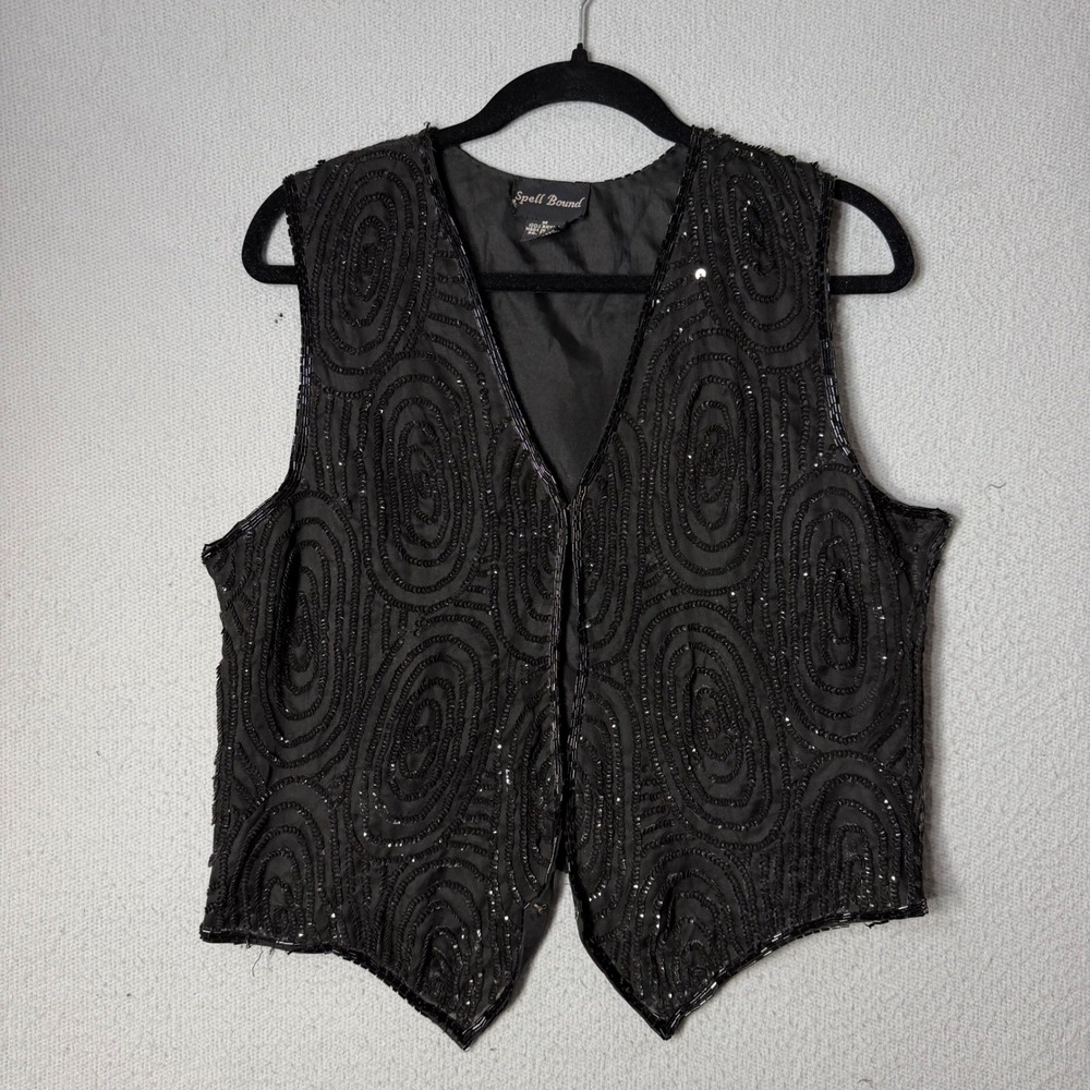 Vintage Spell Bound Black Beaded Sequin Vest Rayon Size M Made in India